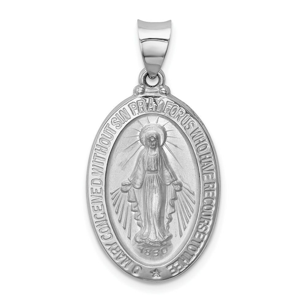 14K White Gold Polished and Satin Miraculous Medal Pendant 15mm width