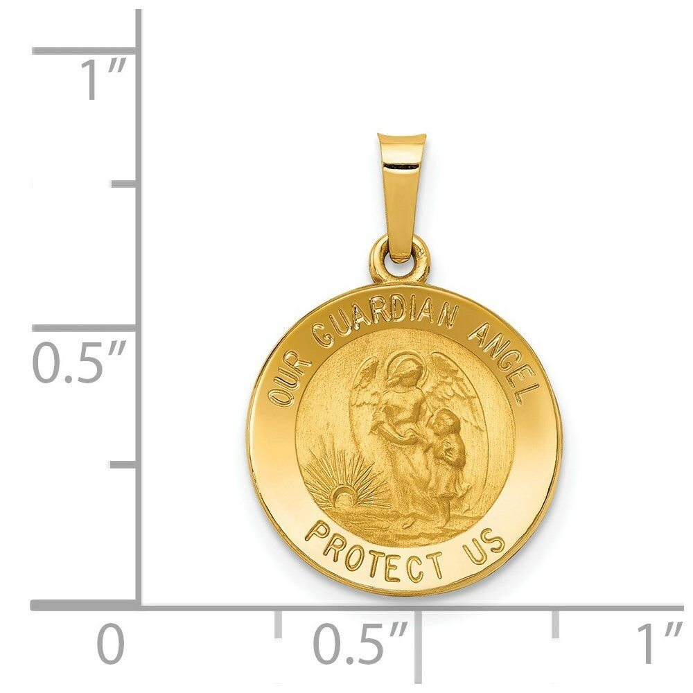 14K Yellow Gold Polished and Satin Our Guardian Angel Medal Pendant 15mm width