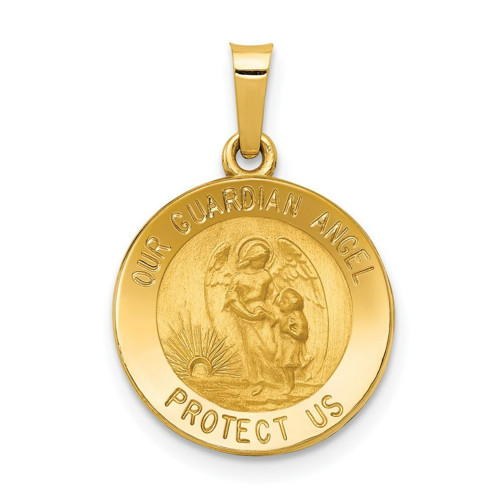 14K Yellow Gold Polished and Satin Our Guardian Angel Medal Pendant 15mm width