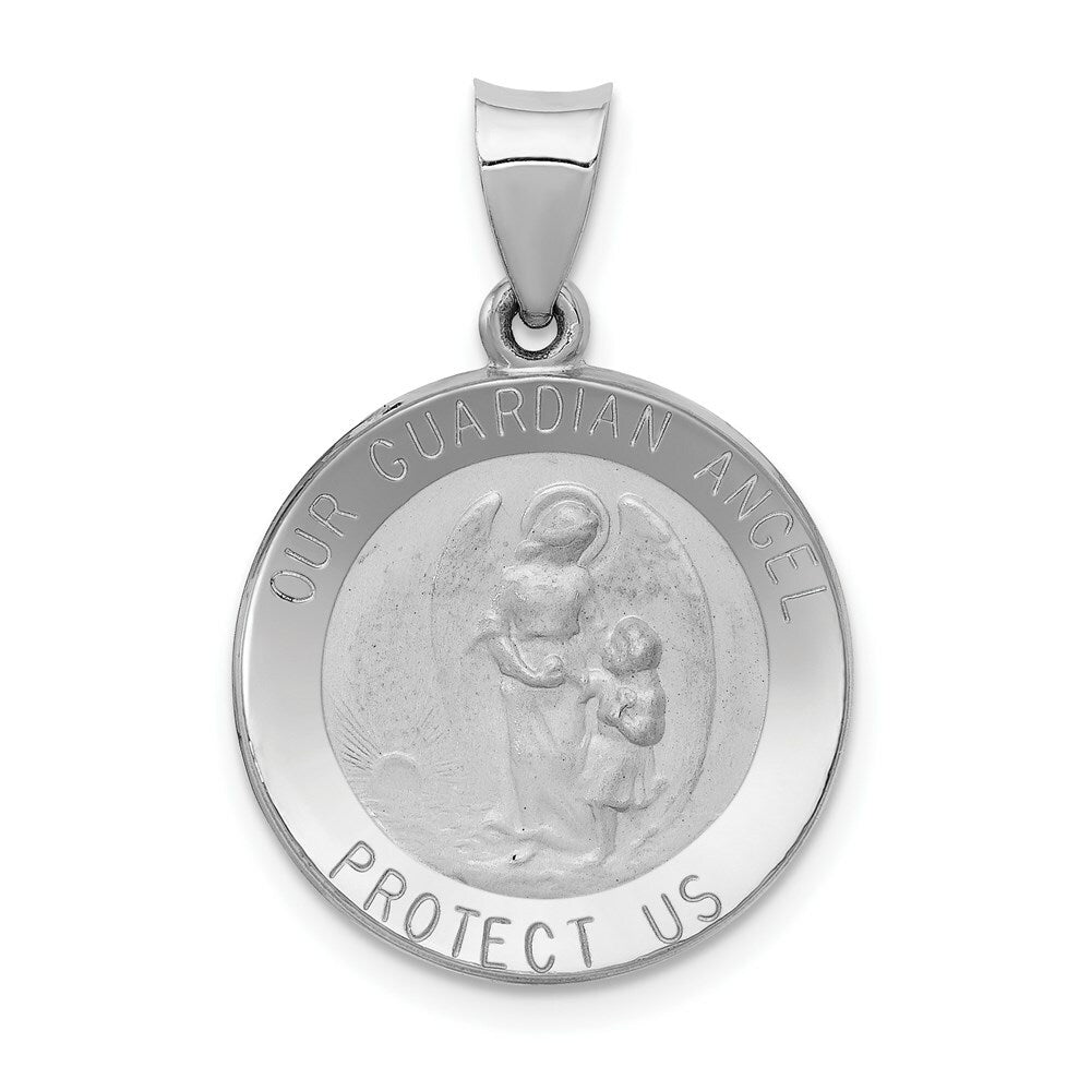 14K White Gold Polished and Satin Our Guardian Angel Medal Pendant 19mm width