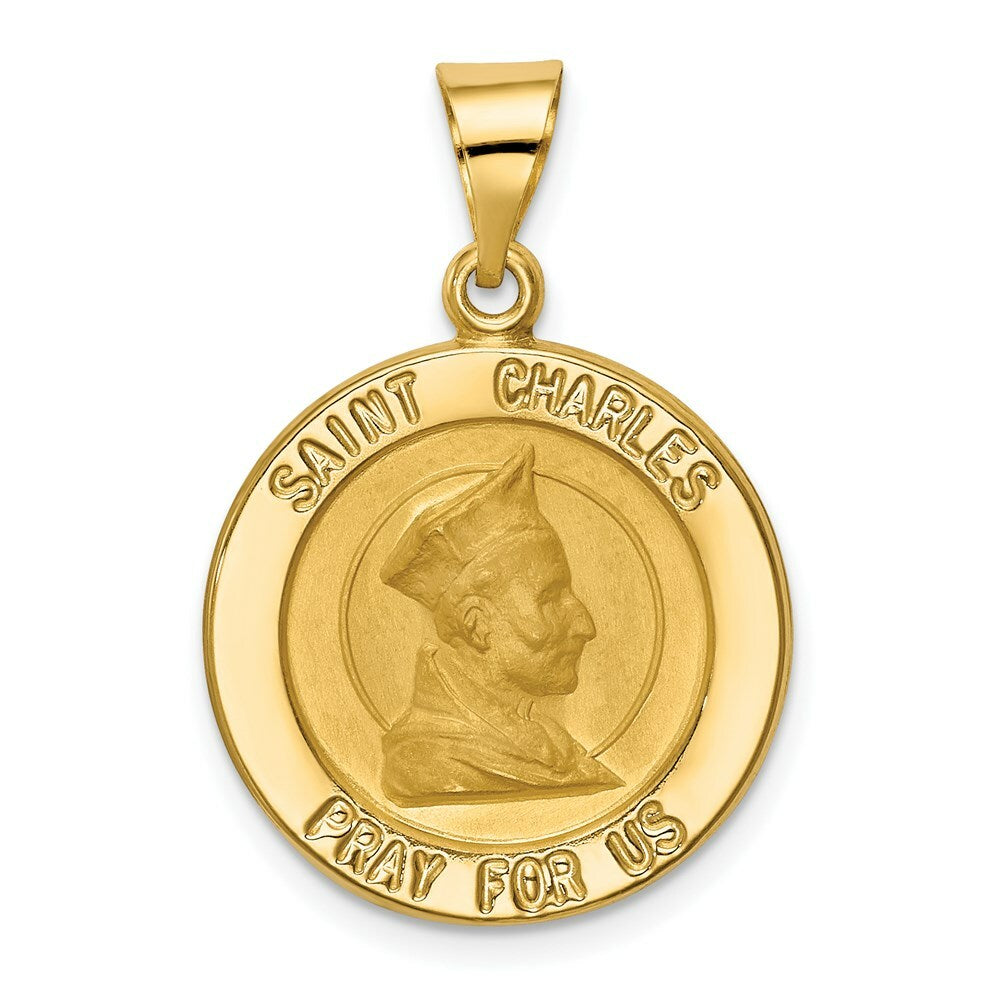14K Yellow Gold Polished and Satin St. Charles Medal Pendant 18mm width