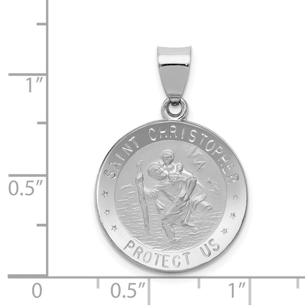 14K White Gold Polished and Satin St. Christopher Medal Pendant 19mm width
