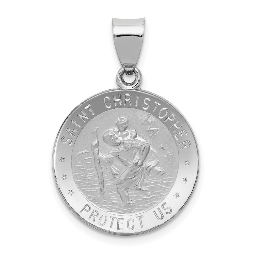 14K White Gold Polished and Satin St. Christopher Medal Pendant 19mm width