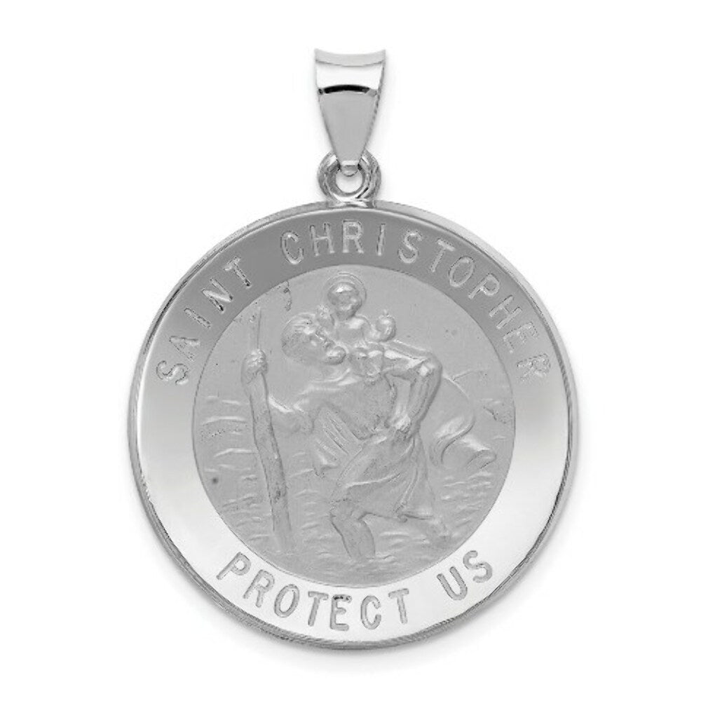 14K White Gold Polished and Satin St. Christopher Medal Pendant 26mm width