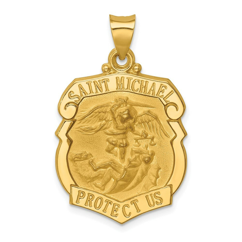 14K Yellow Gold Polished and Satin St. Michael Badge Medal Pendant 21mm width