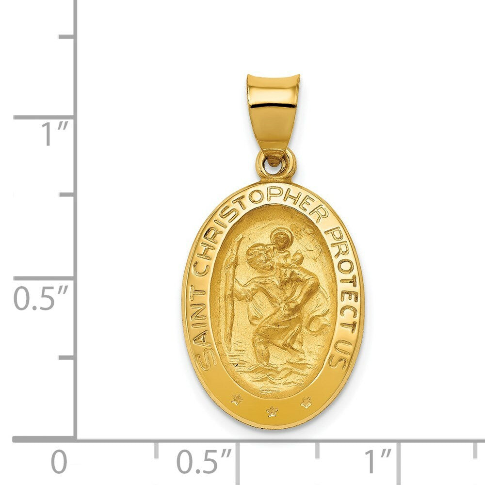 14K Yellow Gold Polished and Satin St. Christopher Medal Pendant 14mm width