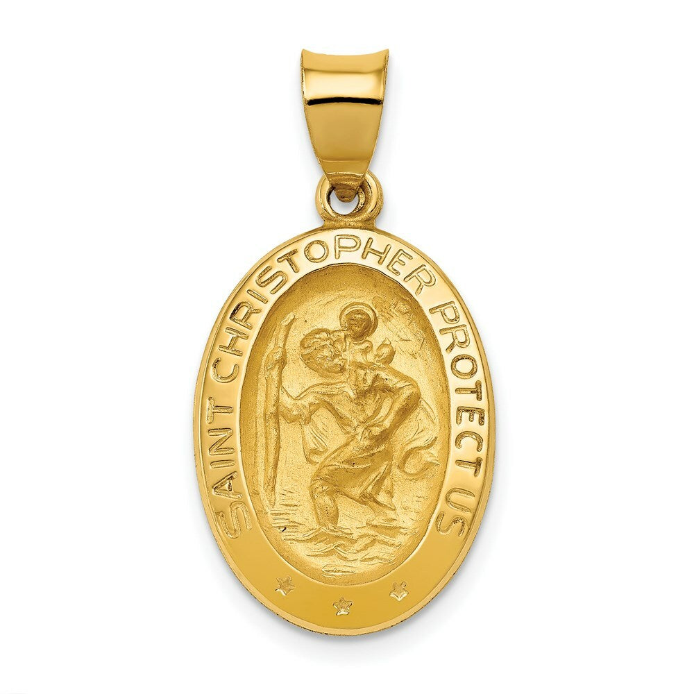 14K Yellow Gold Polished and Satin St. Christopher Medal Pendant 14mm width