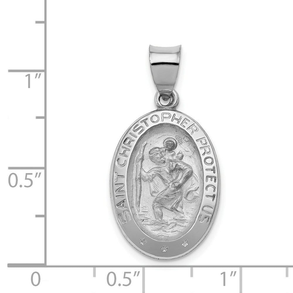 14K White Gold Polished and Satin St. Christopher Medal Pendant 14mm width
