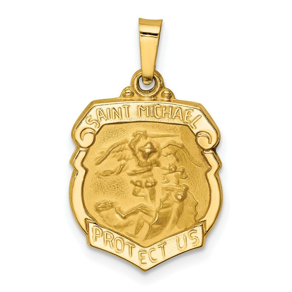 14K Yellow Gold Polished and Satin St. Michael Badge Medal Pendant 14mm width