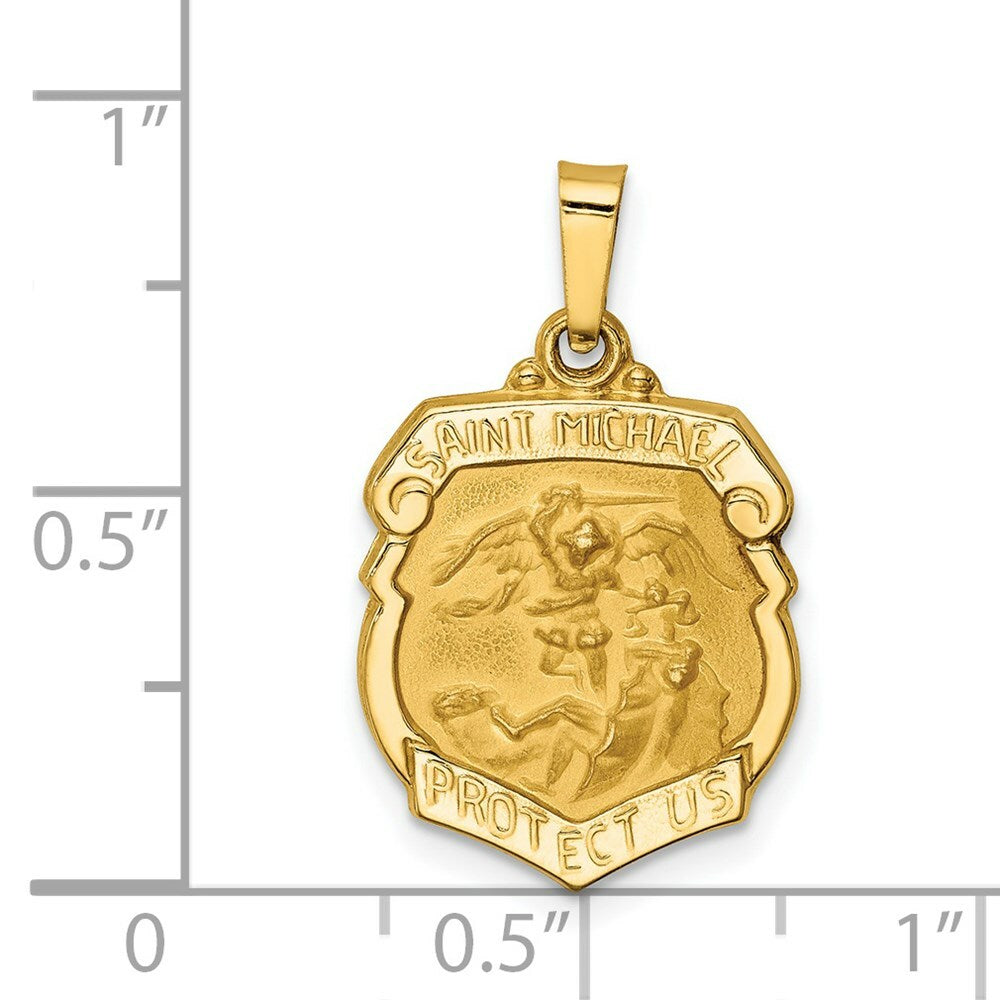14K Yellow Gold Polished and Satin St. Michael Badge Medal Pendant 14mm width