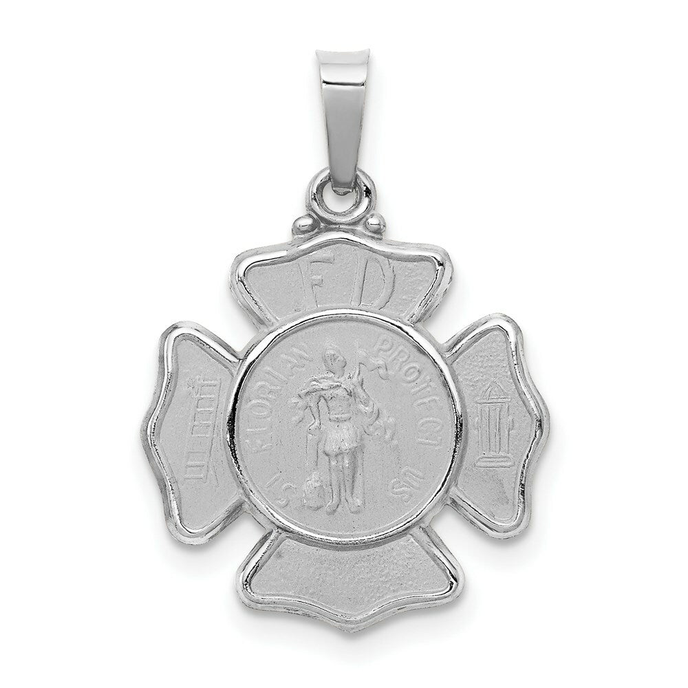 14K White Gold Polished and Satin St. Florian Badge Pendant 16mm width