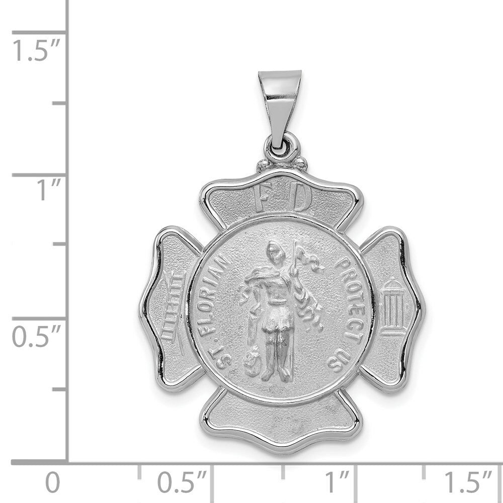 14K White Gold Polished and Satin St. Florian Badge Medal Penant 26mm width