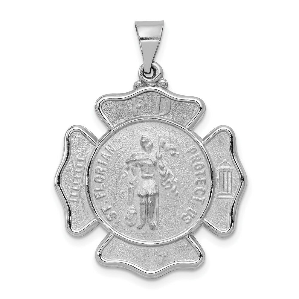 14K White Gold Polished and Satin St. Florian Badge Medal Penant 26mm width