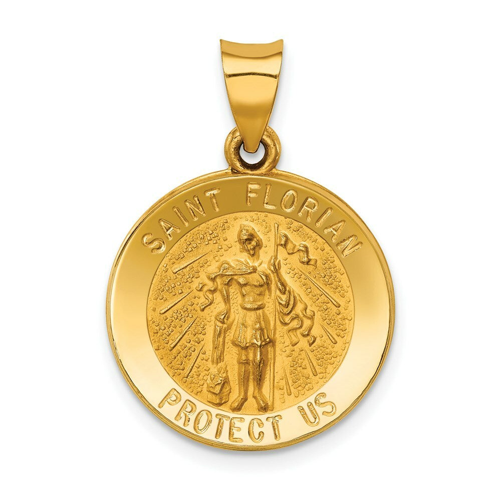 14K Yellow Gold Polished and Satin St. Florian Medal Pendant 18mm width