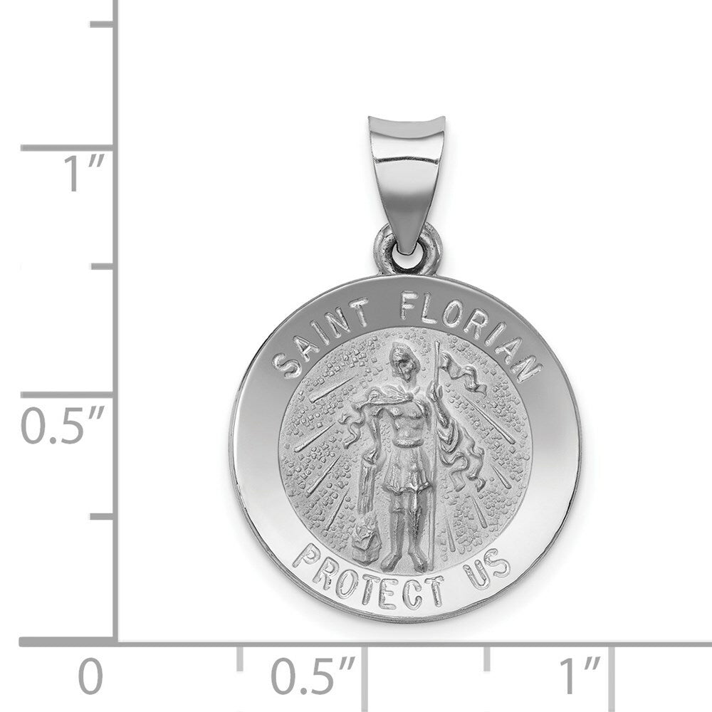 14K White Gold Polished and Satin St. Florian Medal Pendant 18mm width
