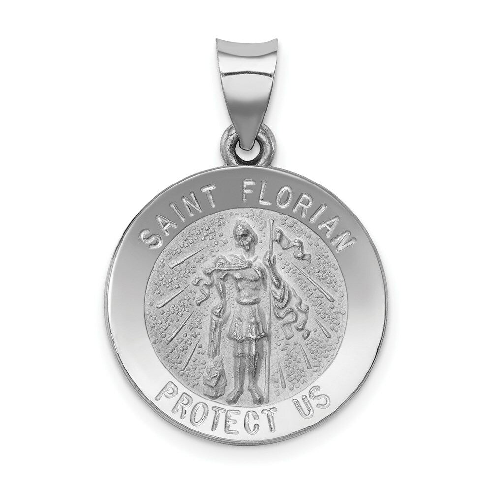 14K White Gold Polished and Satin St. Florian Medal Pendant 18mm width