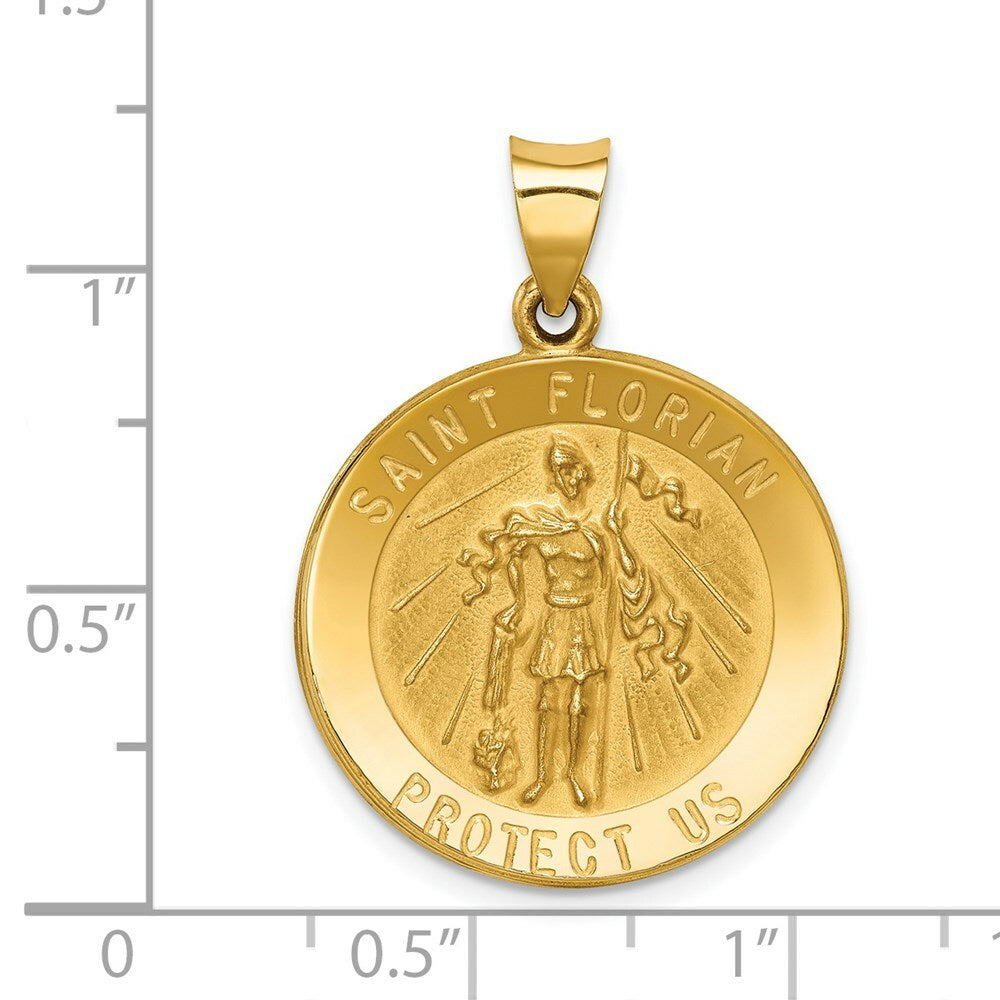 14K Yellow Gold Polished and Satin St. Florian Medal Pendant 22mm width