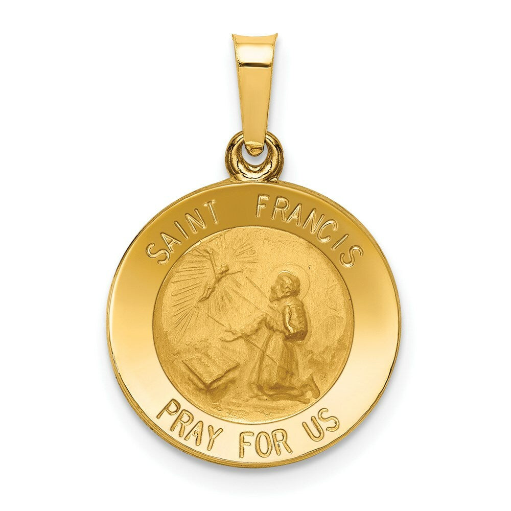14K Yellow Gold Polished and Satin St. Francis Medal Pendant 15mm width