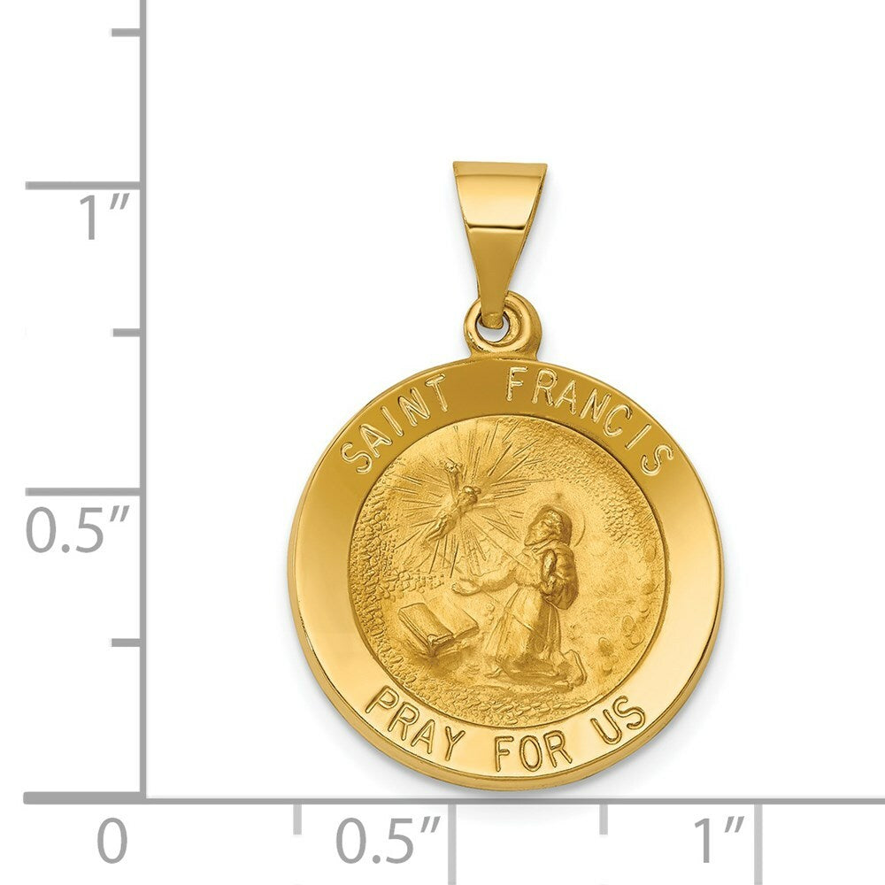 14K Yellow Gold Polished and Satin St. Francis Medal Pendant 20mm width