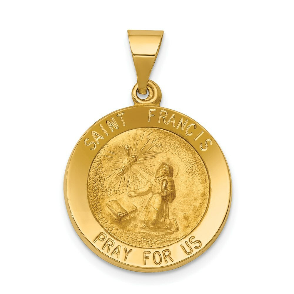 14K Yellow Gold Polished and Satin St. Francis Medal Pendant 20mm width