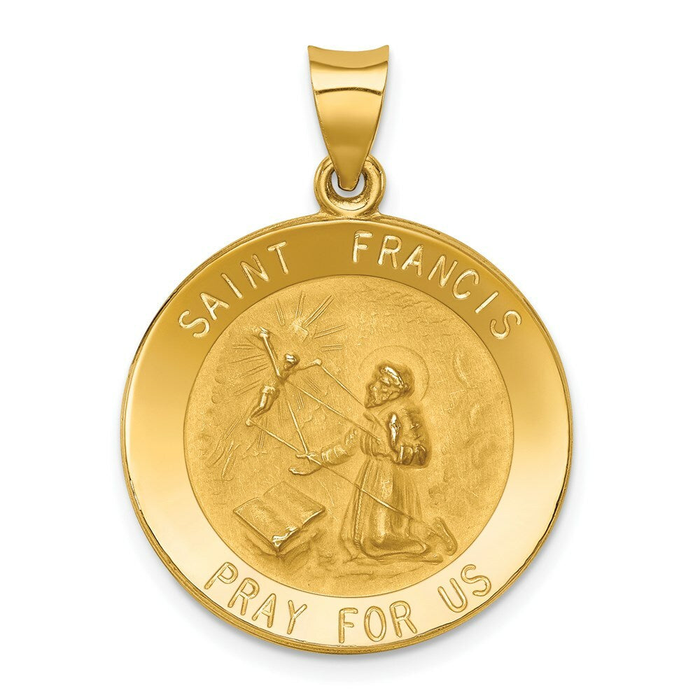14K Yellow Gold Polished and Satin St. Francis Medal Pendant 23mm width