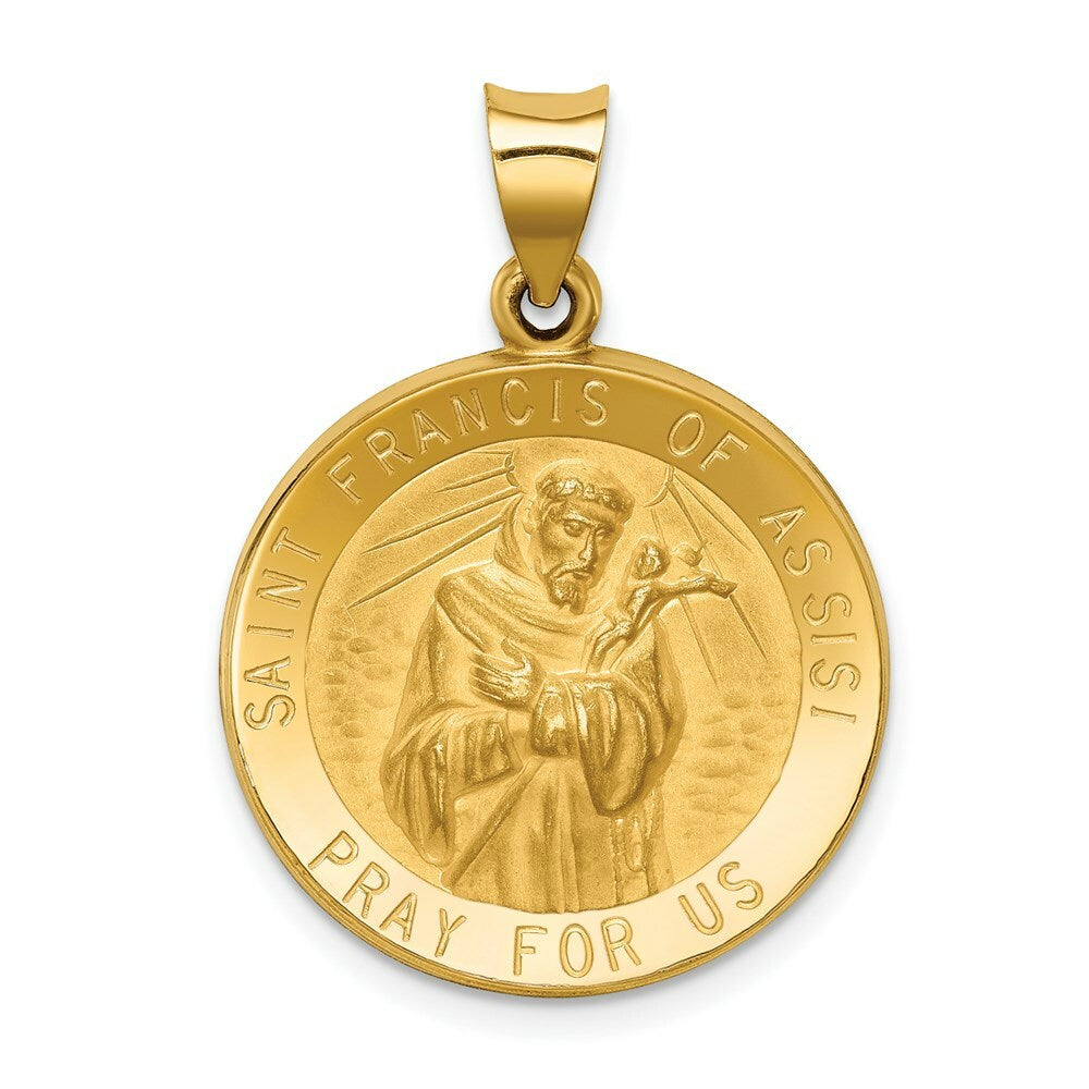 14K Yellow Gold Polished and Satin St. Francis of Assisi Medal Pendant 22mm width