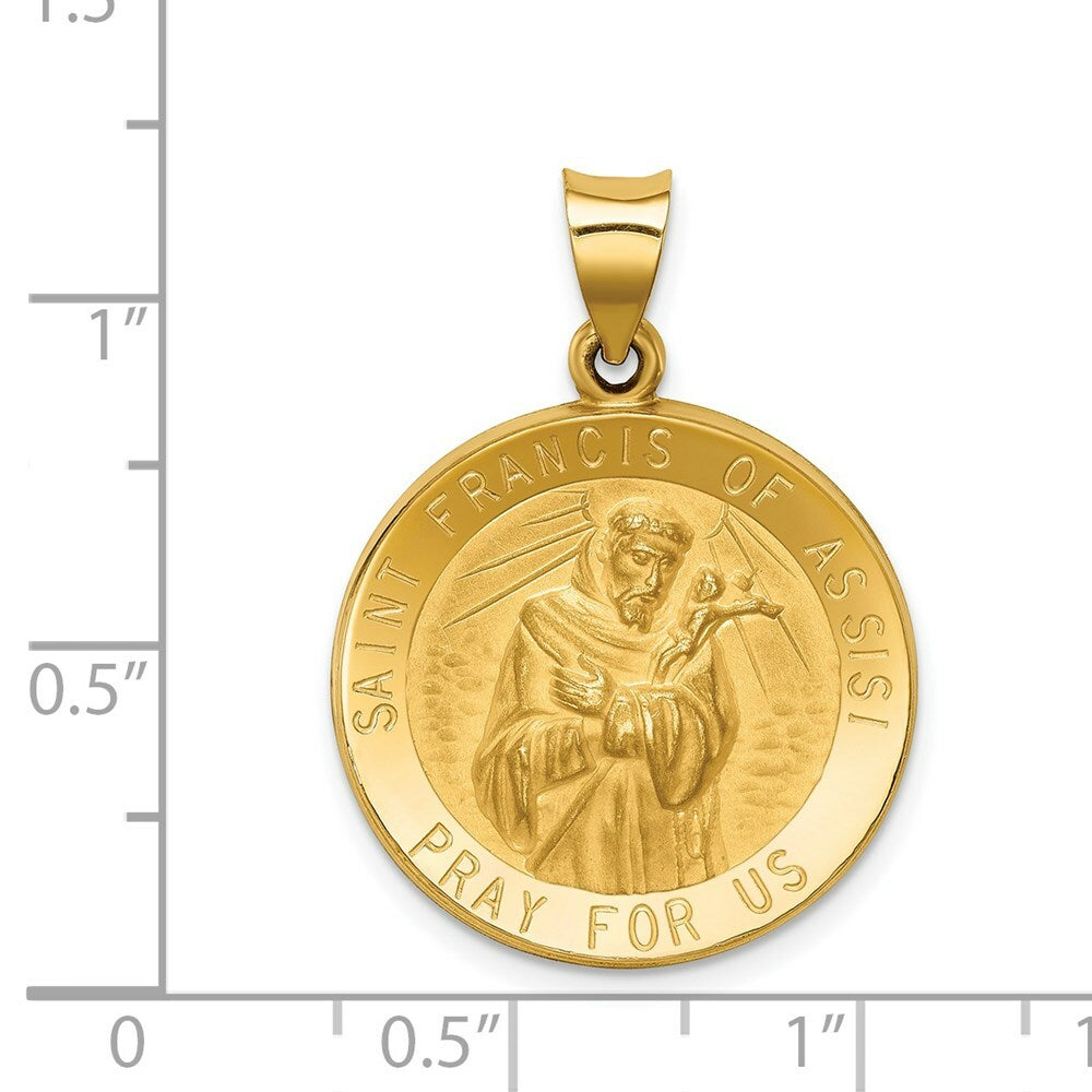 14K Yellow Gold Polished and Satin St. Francis of Assisi Medal Pendant 22mm width