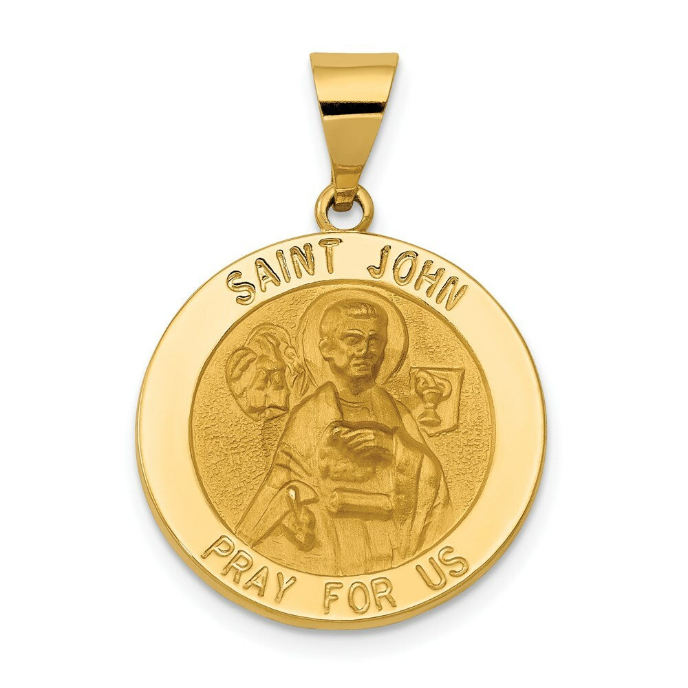 14K Yellow Gold Polished and Satin St. John Medal Pendant 19mm width
