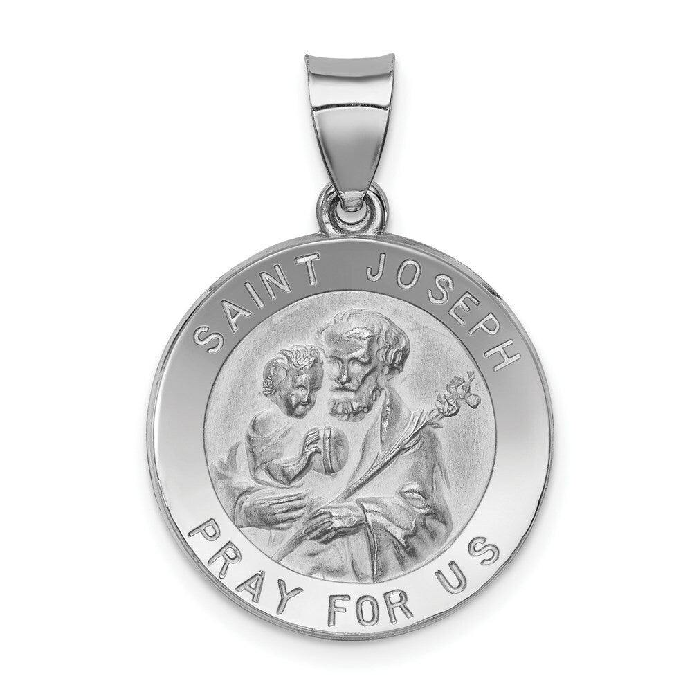 14K White Gold Polished and Satin St. Joseph Medal Pendant 19mm width