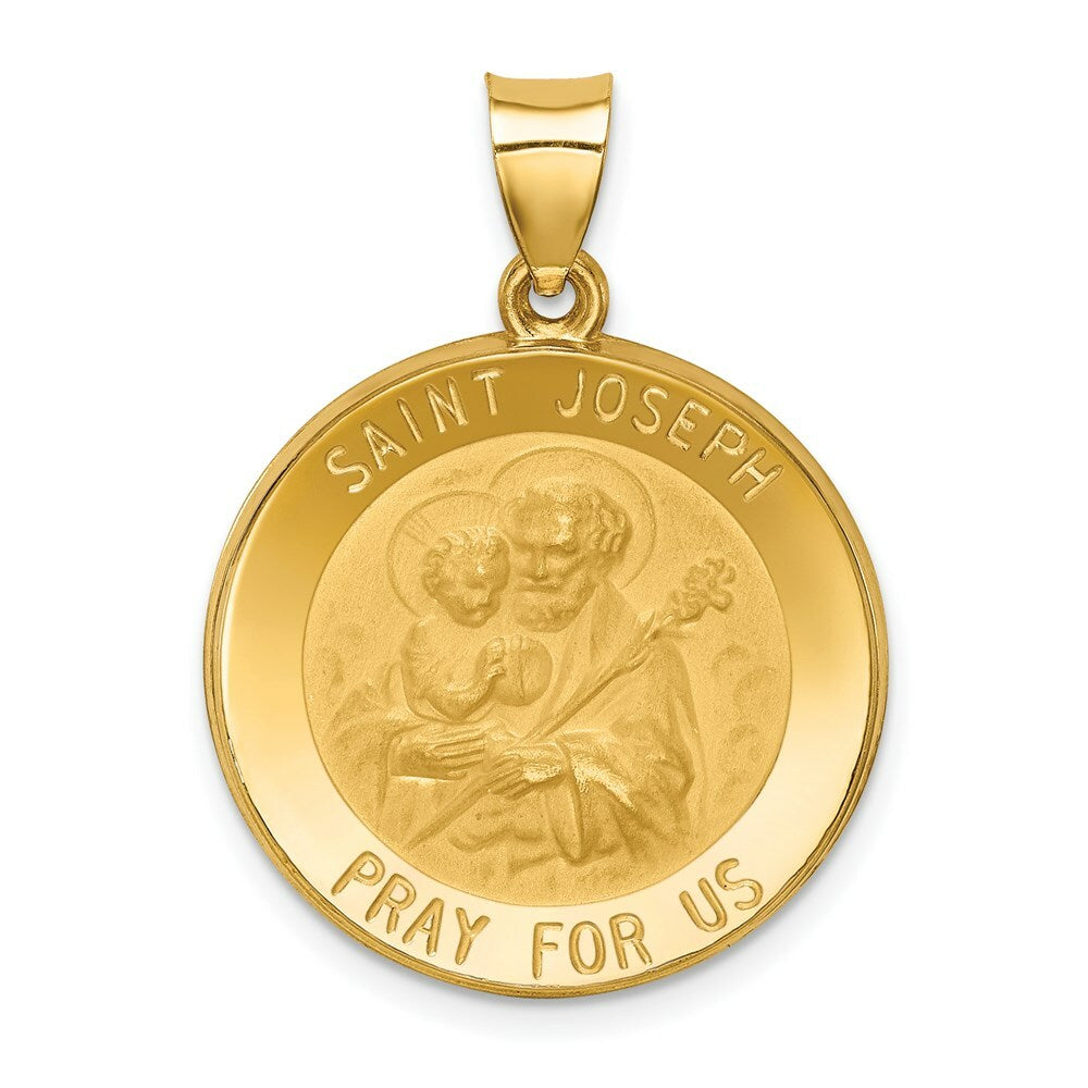 14K Yellow Gold Polished and Satin St. Joseph Medal Pendant 22mm width