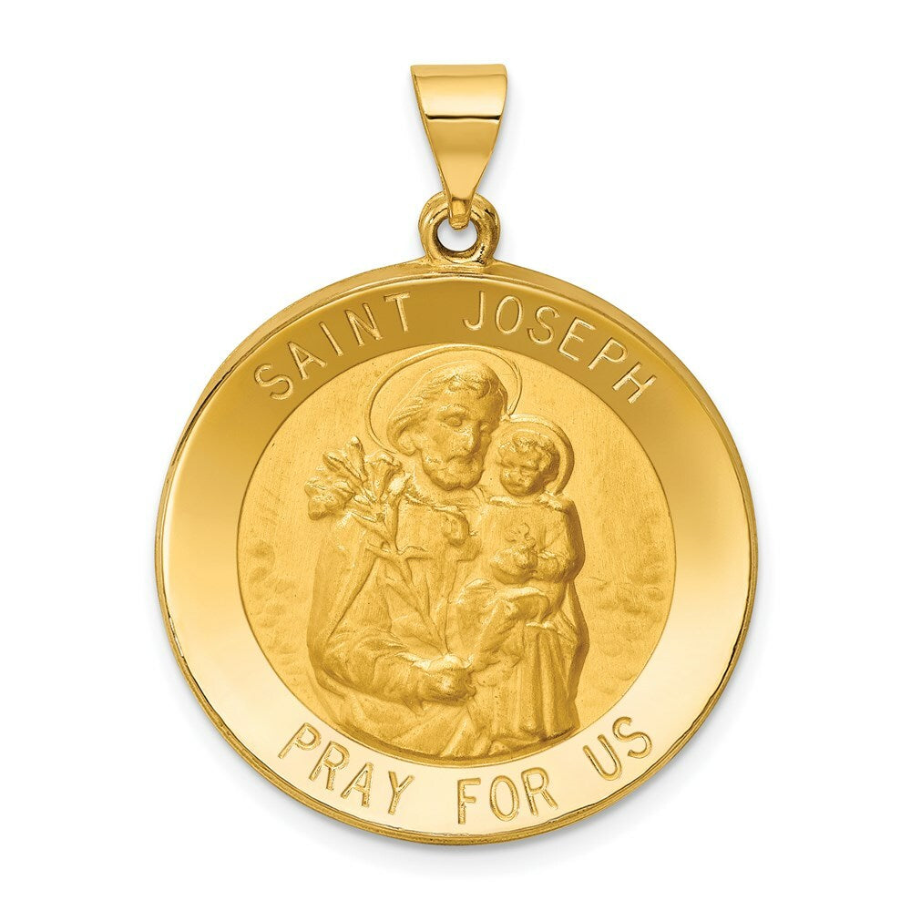 14K Yellow Gold Polished and Satin St. Joseph Medal Pendant 25mm width