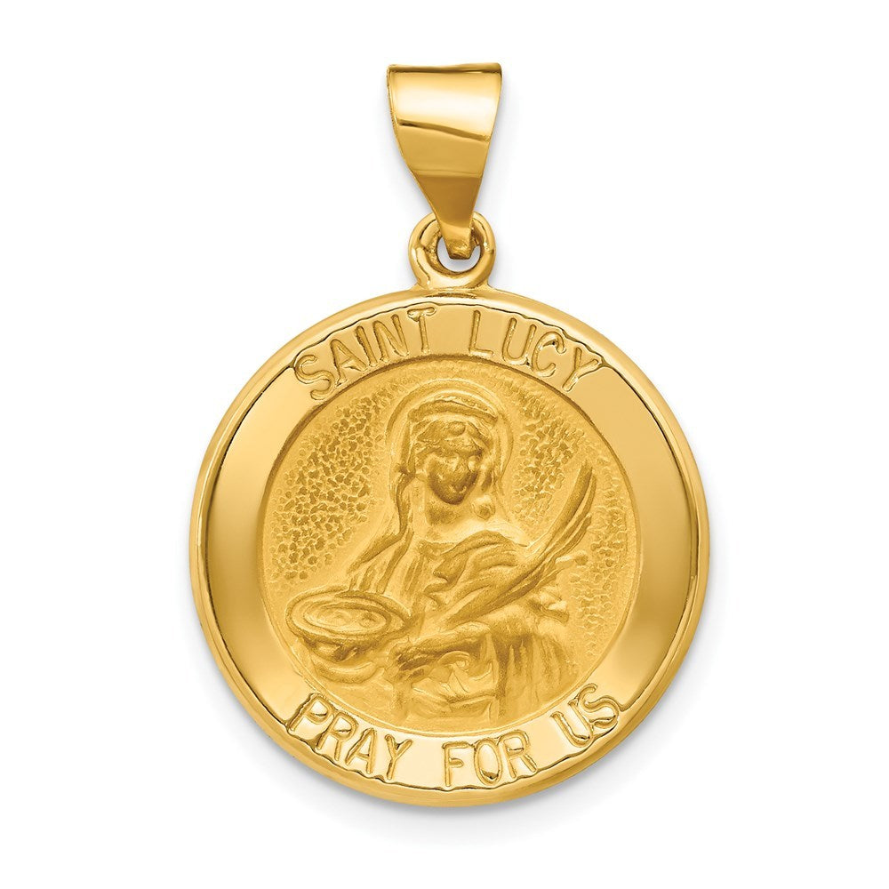 14K Yellow Gold Polished and Satin St. Lucy Medal Pendant 19mm width