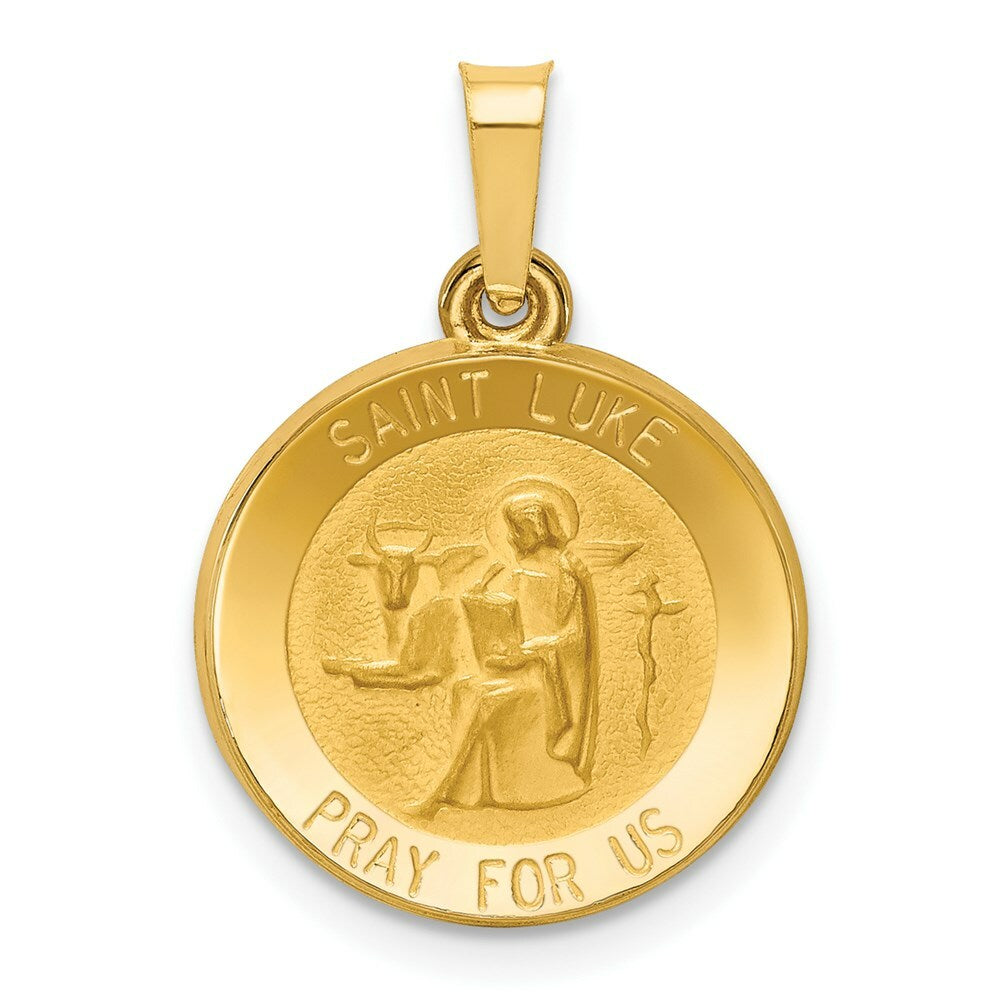 14K Yellow Gold Polished and Satin St. Luke Medal Pendant 15mm width