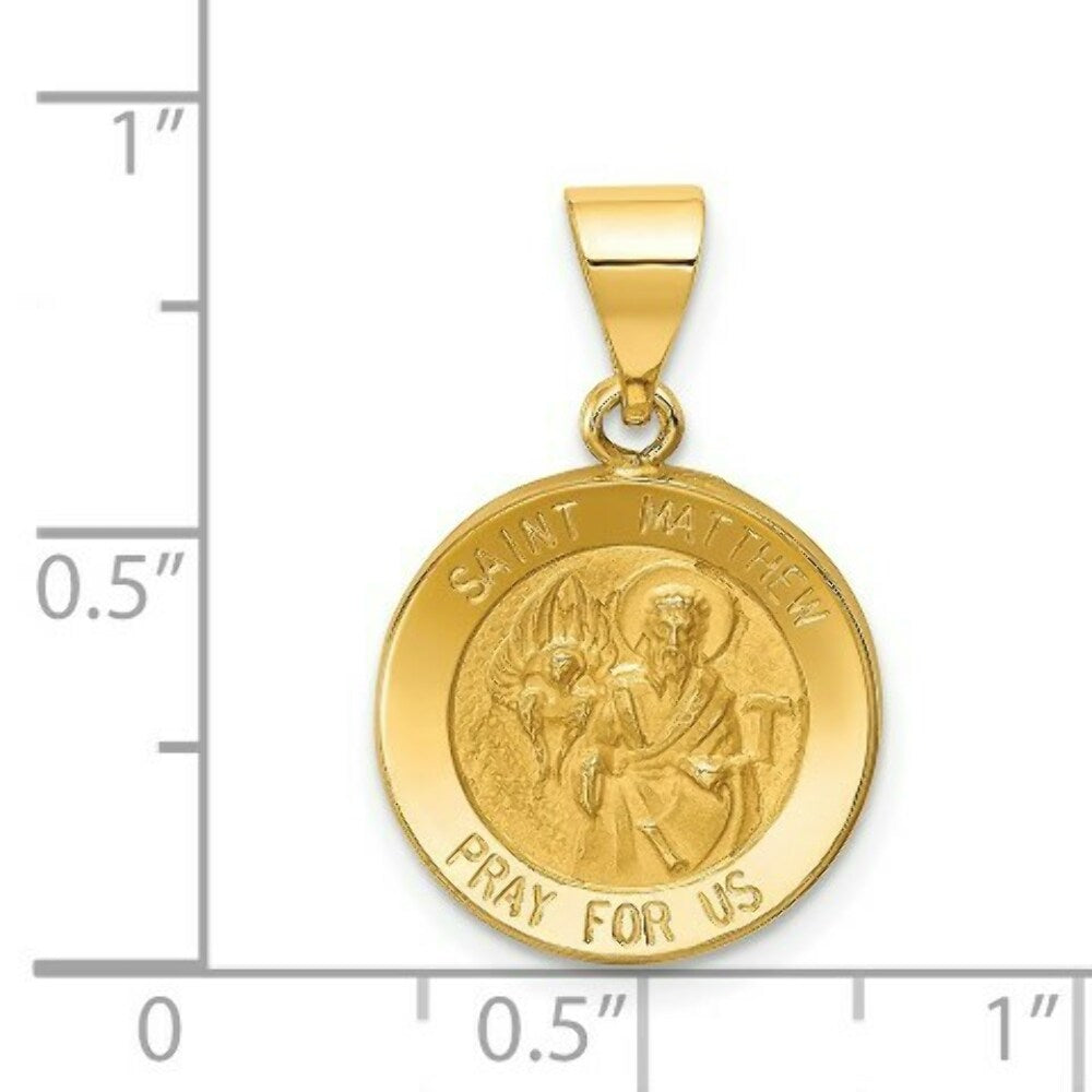 14K Yellow Gold Polished and Satin St. Matthew Medal Pendant 15mm width
