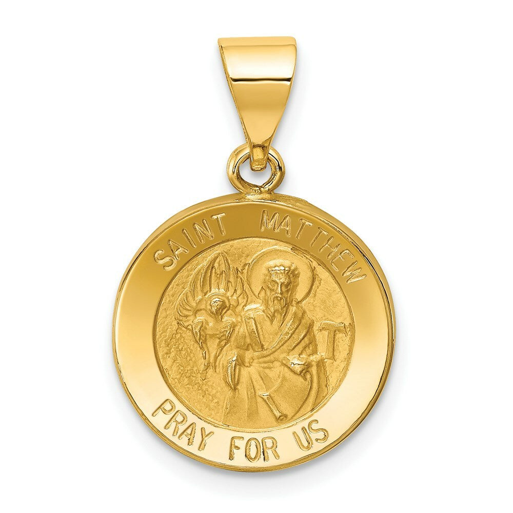 14K Yellow Gold Polished and Satin St. Matthew Medal Pendant 15mm width