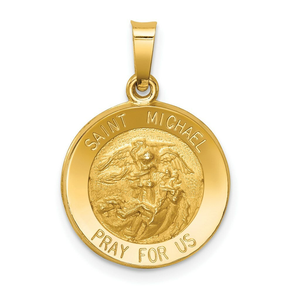 14K Yellow Gold Polished and Satin St. Michael Medal Pendant 15mm width