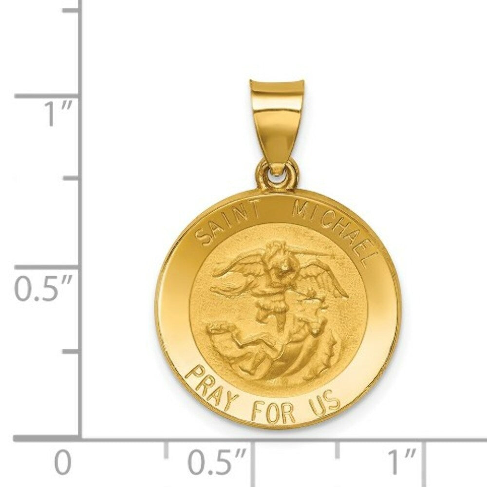 14K Yellow Gold Polished and Satin St. Michael Medal Pendant 18mm width