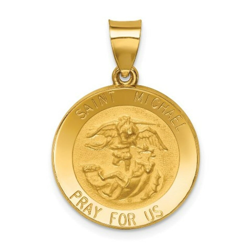 14K Yellow Gold Polished and Satin St. Michael Medal Pendant 18mm width