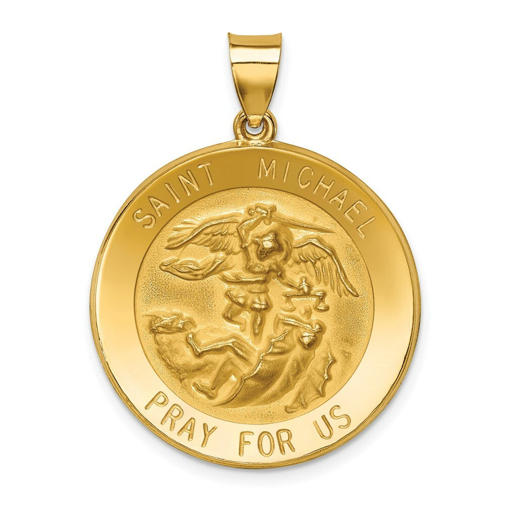 14K Yellow Gold Polished and Satin St. Michael Medal Pendant 25mm width