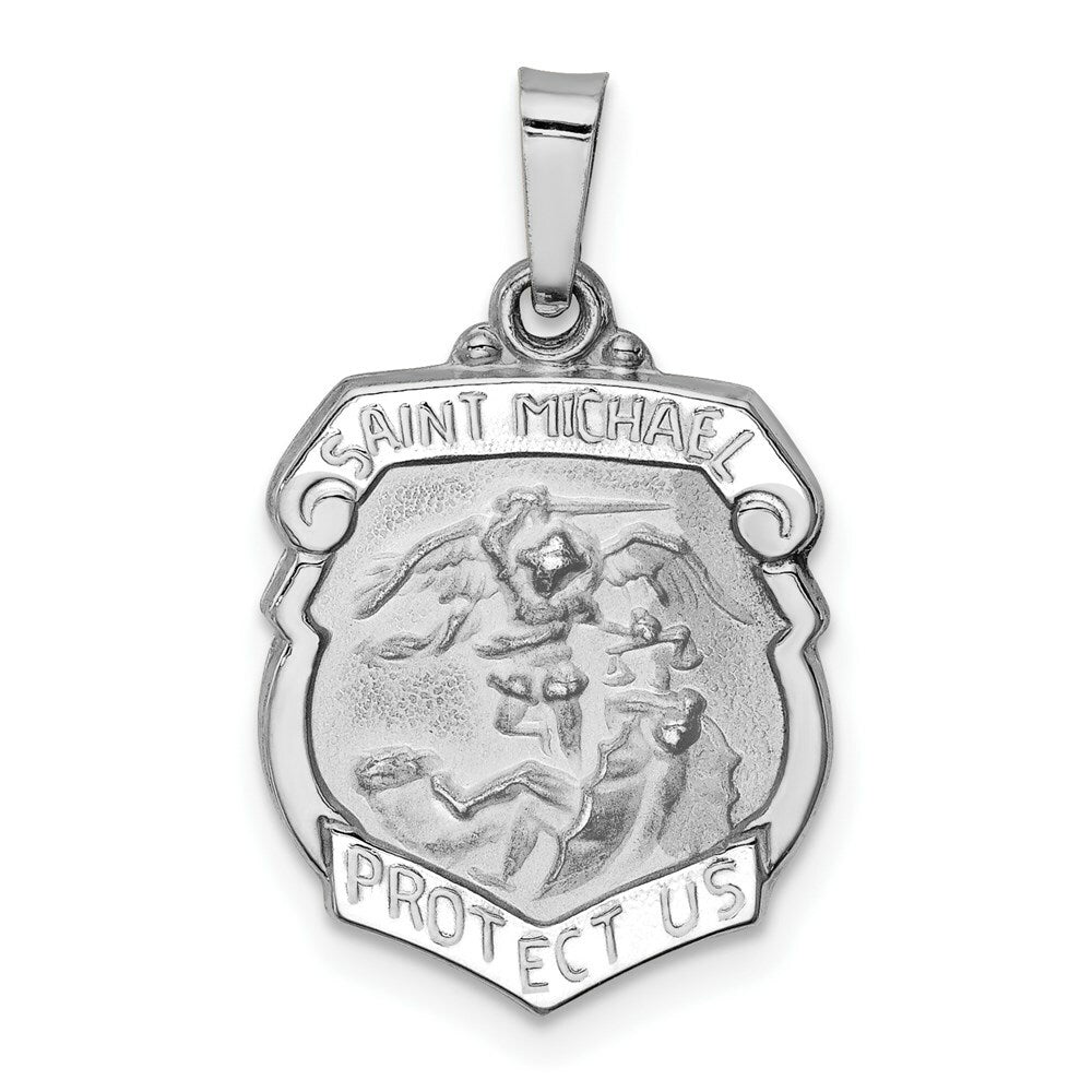 14K White Gold Polished and Satin St. Michael Medal Pendant 15mm width