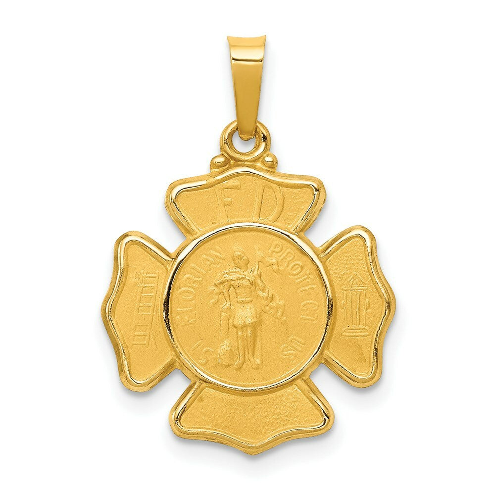 14K Yellow Gold Polished and Satin St. Florian Badge Medal Pendant 17mm width