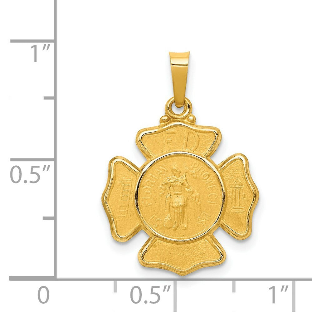 14K Yellow Gold Polished and Satin St. Florian Badge Medal Pendant 17mm width