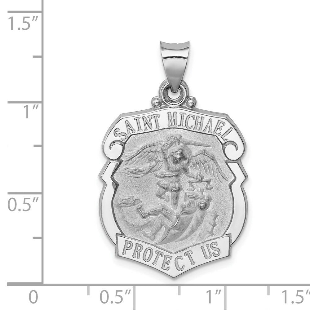14K White Gold Polished and Satin St. Michael Badge Medal Pendant 22mm width