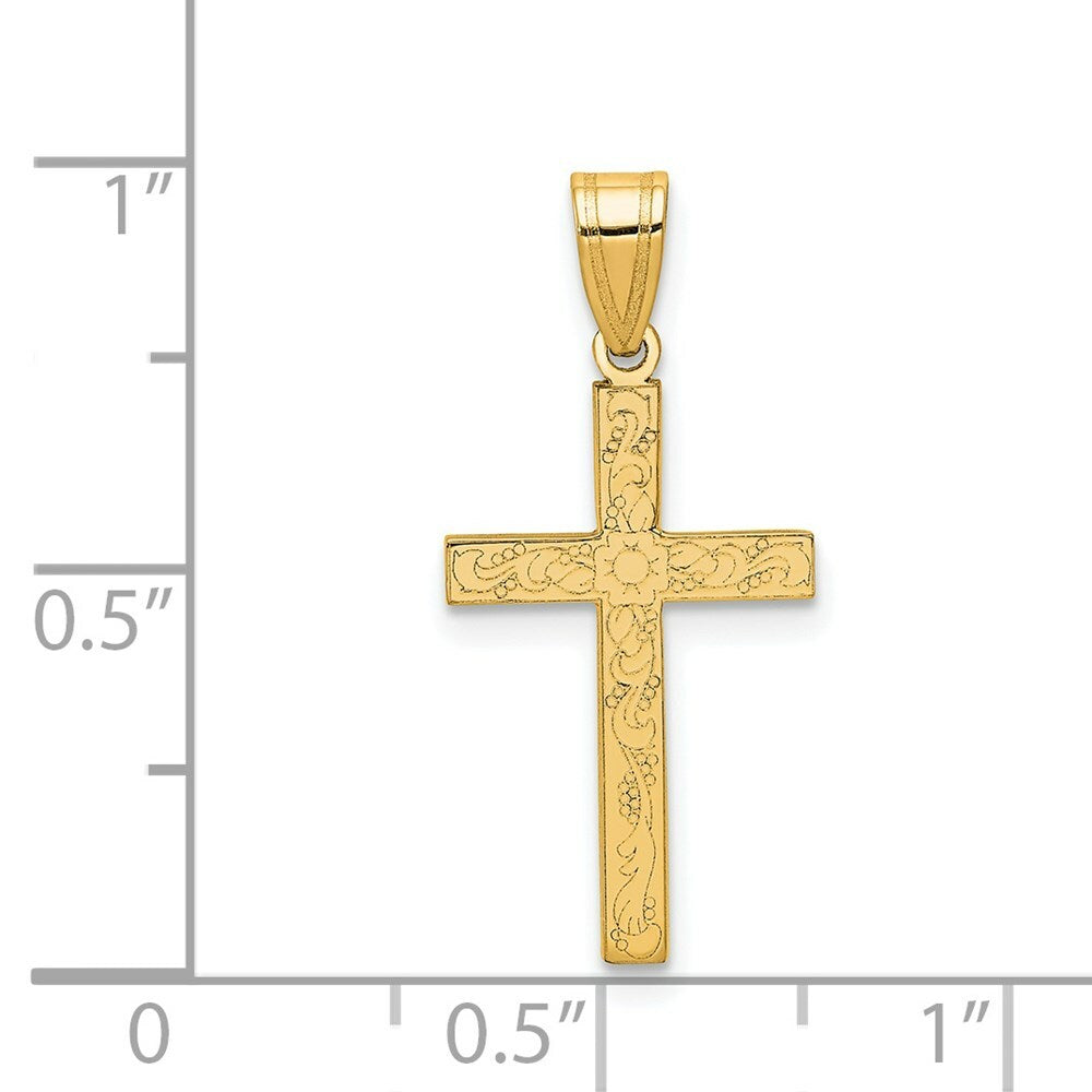 14K Yellow Gold Floral Cross Pendant 25mm length