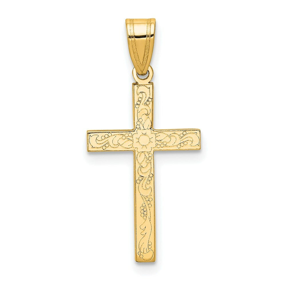 14K Yellow Gold Floral Cross Pendant 25mm length
