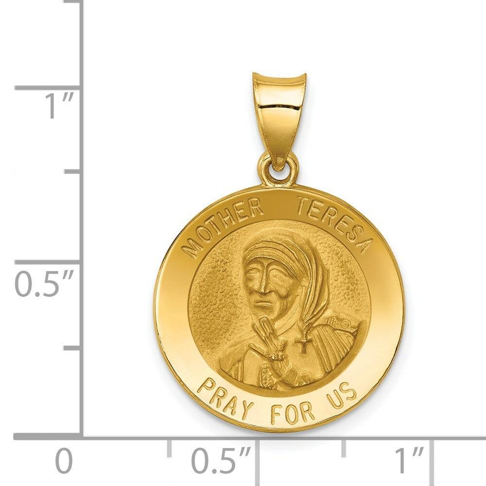 14K Yellow Gold Polished and Satin Mother Teresa Medal Pendant 19mm width