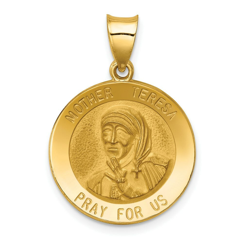 14K Yellow Gold Polished and Satin Mother Teresa Medal Pendant 19mm width