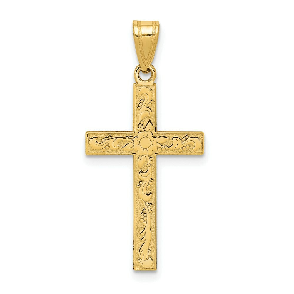 14K Yellow Gold Floral Cross Pendant 28mm length