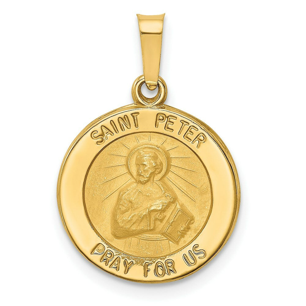 14K Yellow Gold Polished and Satin St. Peter Medal Pendant 16mm width