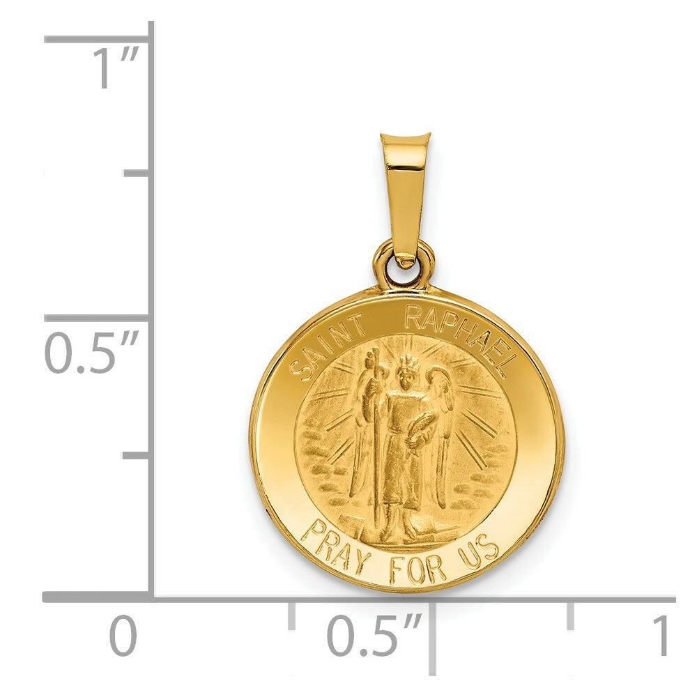 14K Yellow Gold Polished and Satin St. Raphael Medal Pendant 16mm width